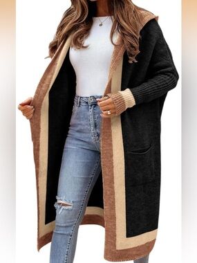 Long Cardigan W Hood Oversized Knit Colorblock Size Small Y2K